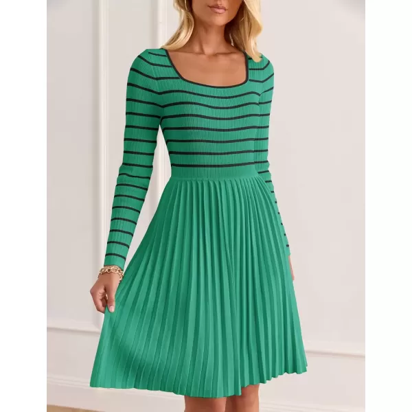 imageZESICA Womens Long Sleeve Striped Dresses 2024 Square Neck Pleated Ribbed Knit Casual A Line Mini DressGreen