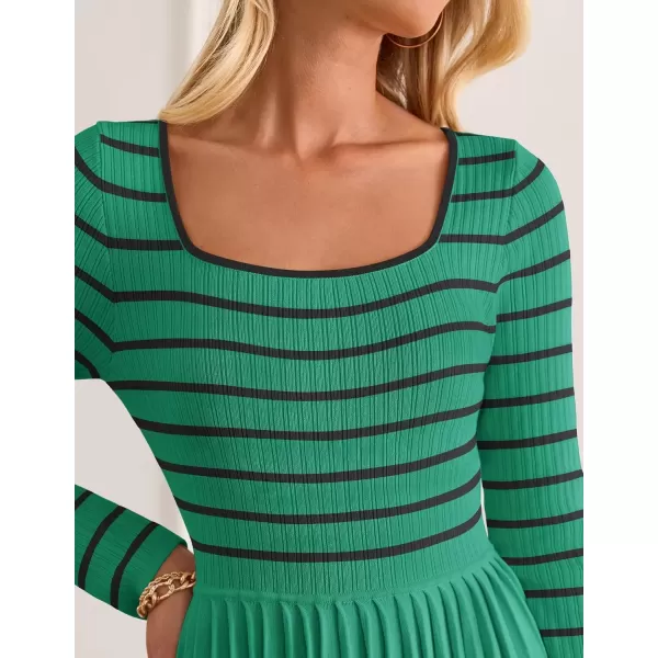 imageZESICA Womens Long Sleeve Striped Dresses 2024 Square Neck Pleated Ribbed Knit Casual A Line Mini DressGreen
