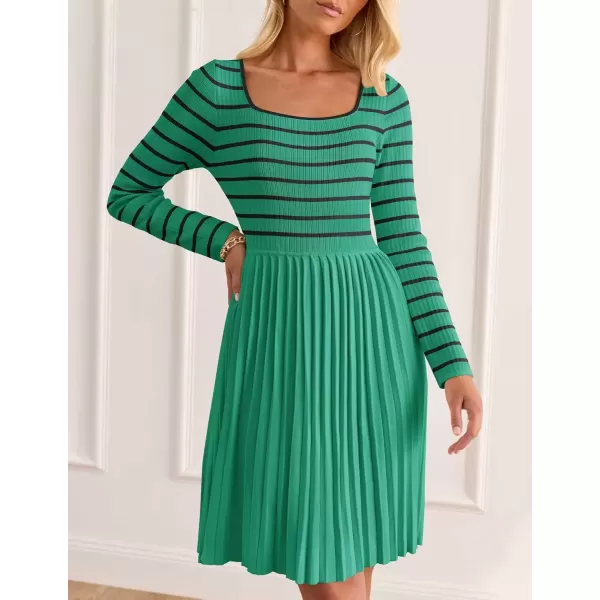 imageZESICA Womens Long Sleeve Striped Dresses 2024 Square Neck Pleated Ribbed Knit Casual A Line Mini DressGreen
