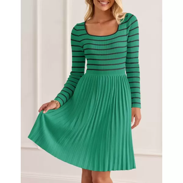 imageZESICA Womens Long Sleeve Striped Dresses 2024 Square Neck Pleated Ribbed Knit Casual A Line Mini DressGreen