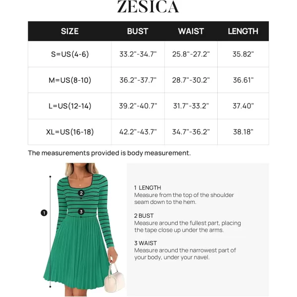 imageZESICA Womens Long Sleeve Striped Dresses 2024 Square Neck Pleated Ribbed Knit Casual A Line Mini DressGreen