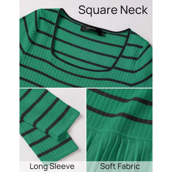 imageZESICA Womens Long Sleeve Striped Dresses 2024 Square Neck Pleated Ribbed Knit Casual A Line Mini DressGreen