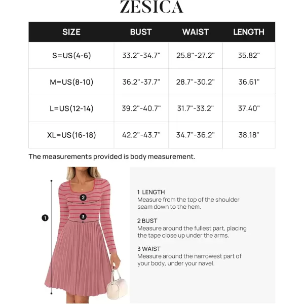 imageZESICA Womens Long Sleeve Striped Dresses 2024 Square Neck Pleated Ribbed Knit Casual A Line Mini DressPink