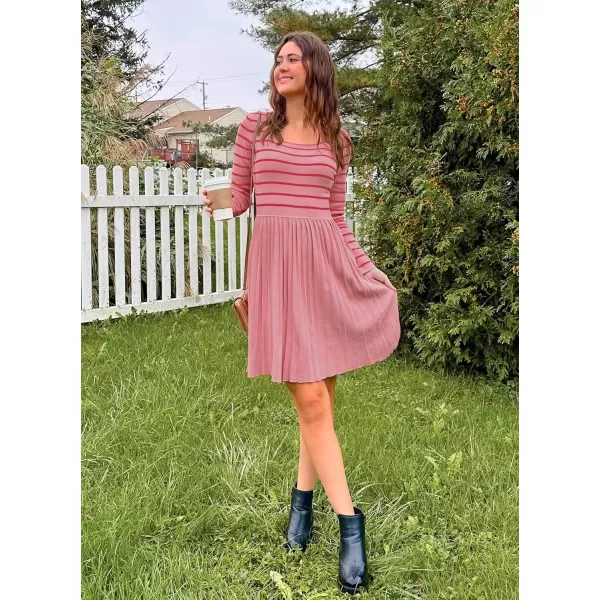 imageZESICA Womens Long Sleeve Striped Dresses 2024 Square Neck Pleated Ribbed Knit Casual A Line Mini DressPink