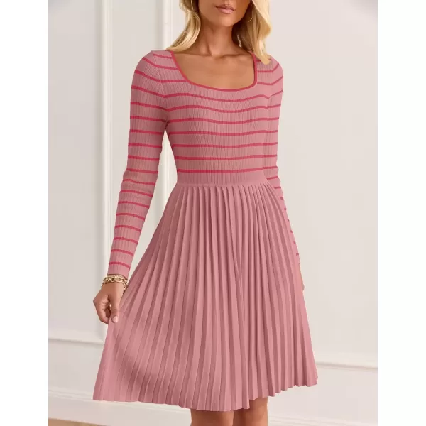 imageZESICA Womens Long Sleeve Striped Dresses 2024 Square Neck Pleated Ribbed Knit Casual A Line Mini DressPink