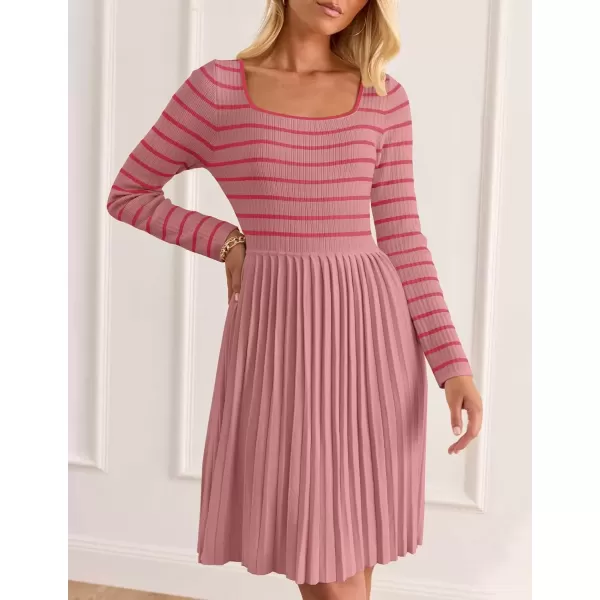 imageZESICA Womens Long Sleeve Striped Dresses 2024 Square Neck Pleated Ribbed Knit Casual A Line Mini DressPink