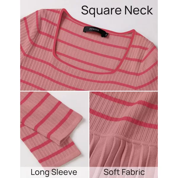 imageZESICA Womens Long Sleeve Striped Dresses 2024 Square Neck Pleated Ribbed Knit Casual A Line Mini DressPink