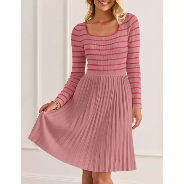 imageZESICA Womens Long Sleeve Striped Dresses 2024 Square Neck Pleated Ribbed Knit Casual A Line Mini DressPink