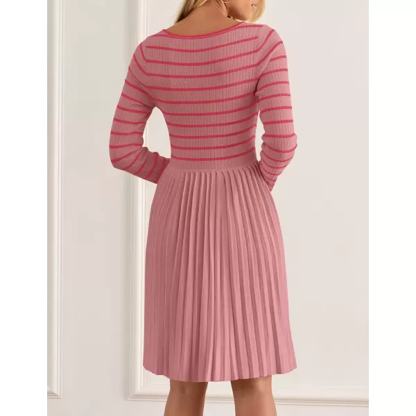imageZESICA Womens Long Sleeve Striped Dresses 2024 Square Neck Pleated Ribbed Knit Casual A Line Mini DressPink