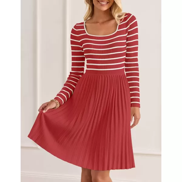 imageZESICA Womens Long Sleeve Striped Dresses 2024 Square Neck Pleated Ribbed Knit Casual A Line Mini DressRed