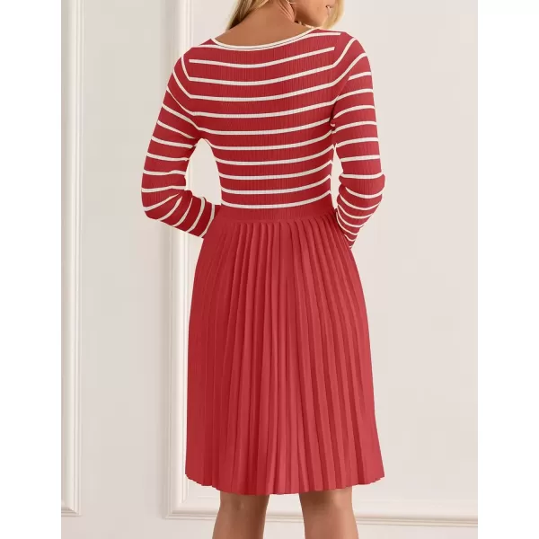 imageZESICA Womens Long Sleeve Striped Dresses 2024 Square Neck Pleated Ribbed Knit Casual A Line Mini DressRed