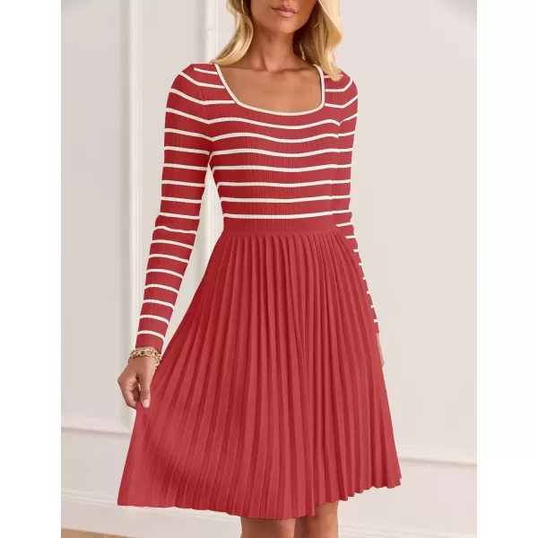 imageZESICA Womens Long Sleeve Striped Dresses 2024 Square Neck Pleated Ribbed Knit Casual A Line Mini DressRed