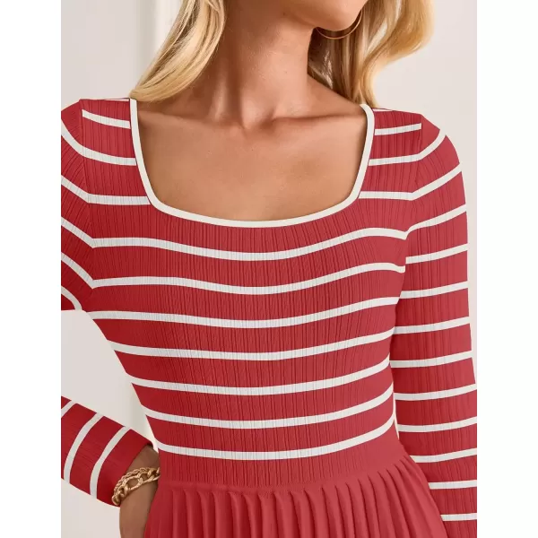imageZESICA Womens Long Sleeve Striped Dresses 2024 Square Neck Pleated Ribbed Knit Casual A Line Mini DressRed