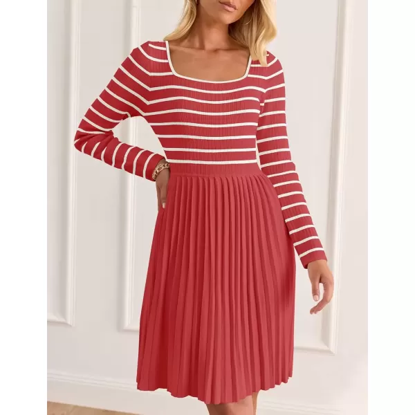imageZESICA Womens Long Sleeve Striped Dresses 2024 Square Neck Pleated Ribbed Knit Casual A Line Mini DressRed