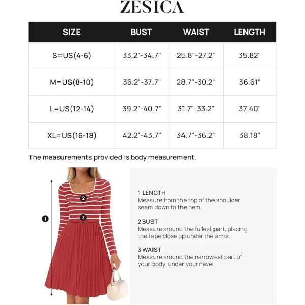 imageZESICA Womens Long Sleeve Striped Dresses 2024 Square Neck Pleated Ribbed Knit Casual A Line Mini DressRed