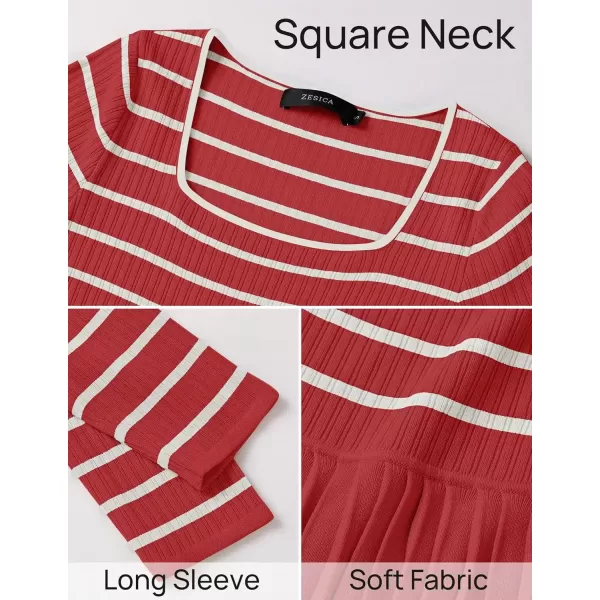 imageZESICA Womens Long Sleeve Striped Dresses 2024 Square Neck Pleated Ribbed Knit Casual A Line Mini DressRed