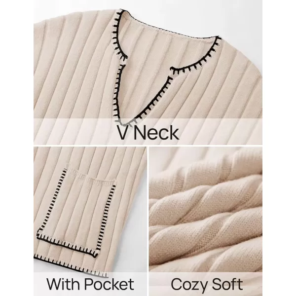 imageZESICA Womens Ribbed V Neck Long Sleeve Sweaters 2024 Fall Loose Color Block Knit Pullover with PocketsApricot