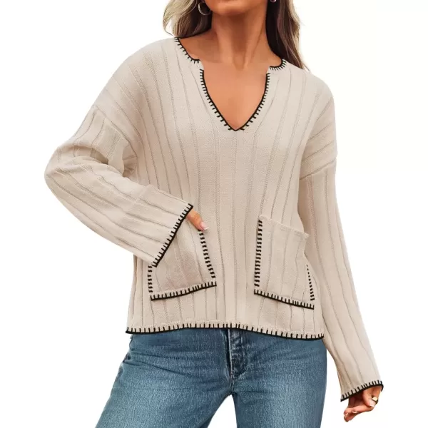 imageZESICA Womens Ribbed V Neck Long Sleeve Sweaters 2024 Fall Loose Color Block Knit Pullover with PocketsApricot