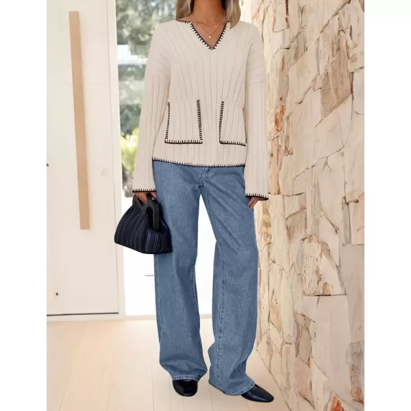 imageZESICA Womens Ribbed V Neck Long Sleeve Sweaters 2024 Fall Loose Color Block Knit Pullover with PocketsApricot