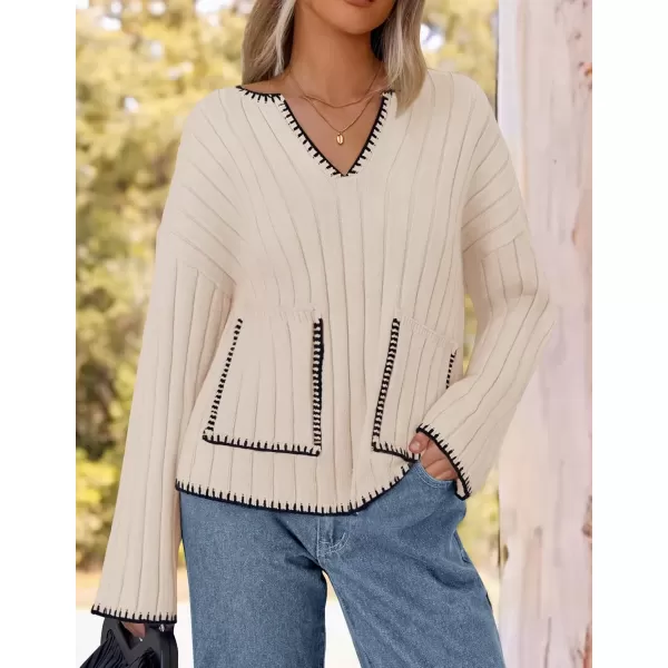 imageZESICA Womens Ribbed V Neck Long Sleeve Sweaters 2024 Fall Loose Color Block Knit Pullover with PocketsApricot