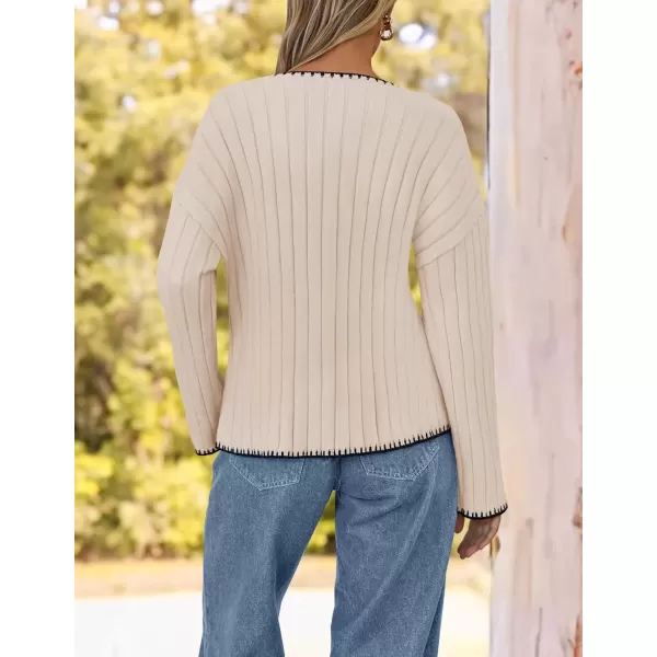 imageZESICA Womens Ribbed V Neck Long Sleeve Sweaters 2024 Fall Loose Color Block Knit Pullover with PocketsApricot
