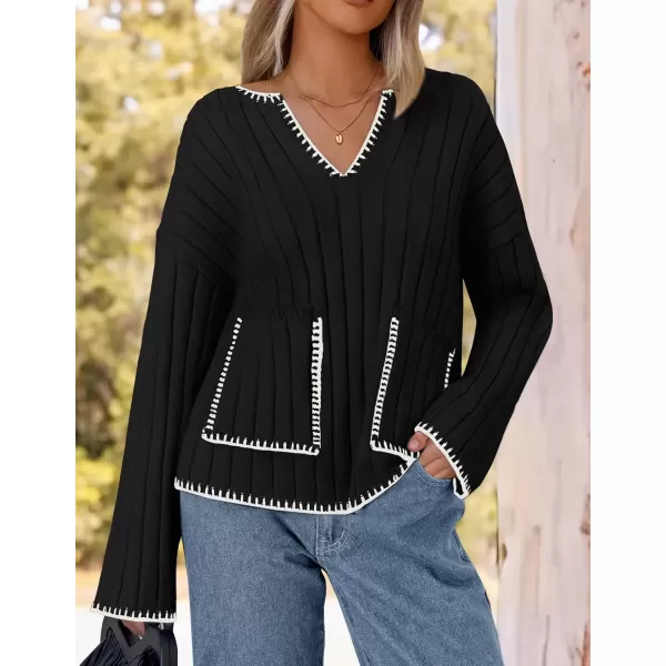 imageZESICA Womens Ribbed V Neck Long Sleeve Sweaters 2024 Fall Loose Color Block Knit Pullover with PocketsBlack