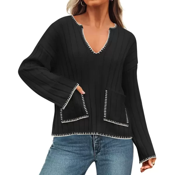 imageZESICA Womens Ribbed V Neck Long Sleeve Sweaters 2024 Fall Loose Color Block Knit Pullover with PocketsBlack