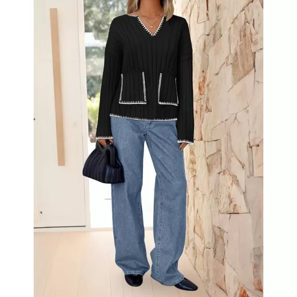 imageZESICA Womens Ribbed V Neck Long Sleeve Sweaters 2024 Fall Loose Color Block Knit Pullover with PocketsBlack