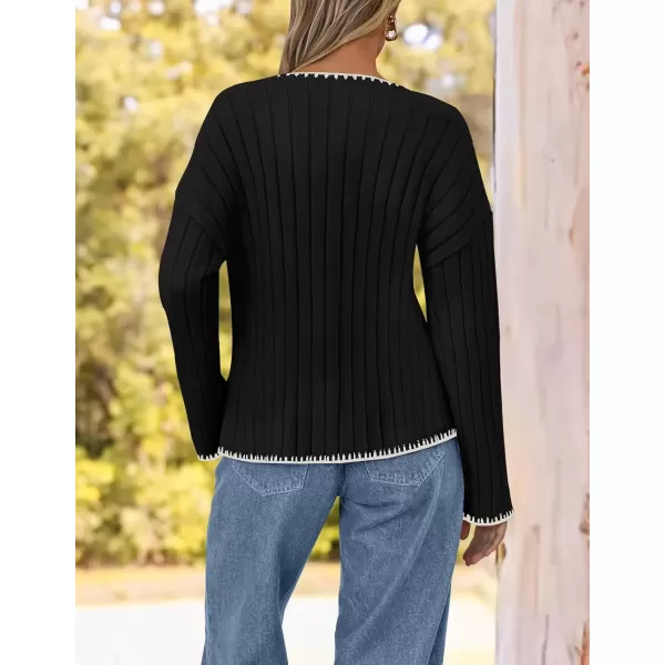 imageZESICA Womens Ribbed V Neck Long Sleeve Sweaters 2024 Fall Loose Color Block Knit Pullover with PocketsBlack