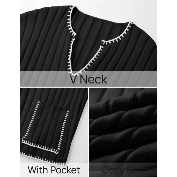 imageZESICA Womens Ribbed V Neck Long Sleeve Sweaters 2024 Fall Loose Color Block Knit Pullover with PocketsBlack