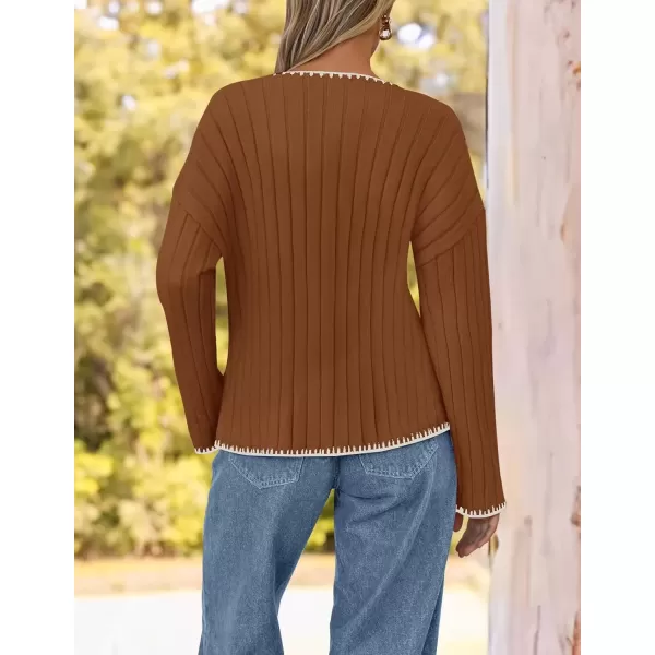 imageZESICA Womens Ribbed V Neck Long Sleeve Sweaters 2024 Fall Loose Color Block Knit Pullover with PocketsCaramel