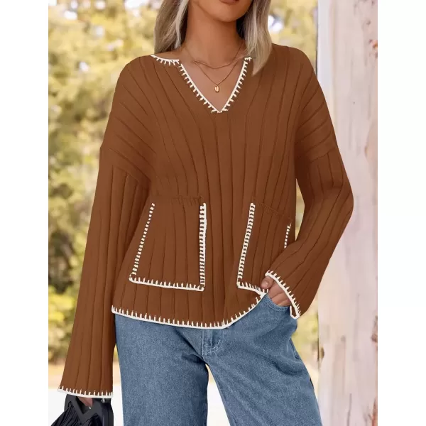 imageZESICA Womens Ribbed V Neck Long Sleeve Sweaters 2024 Fall Loose Color Block Knit Pullover with PocketsCaramel