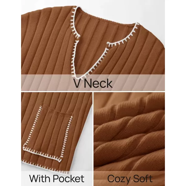 imageZESICA Womens Ribbed V Neck Long Sleeve Sweaters 2024 Fall Loose Color Block Knit Pullover with PocketsCaramel