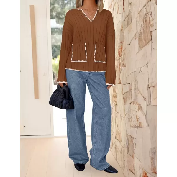 imageZESICA Womens Ribbed V Neck Long Sleeve Sweaters 2024 Fall Loose Color Block Knit Pullover with PocketsCaramel