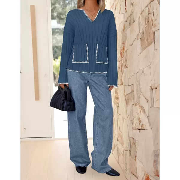 imageZESICA Womens Ribbed V Neck Long Sleeve Sweaters 2024 Fall Loose Color Block Knit Pullover with PocketsDarkblue