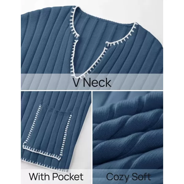 imageZESICA Womens Ribbed V Neck Long Sleeve Sweaters 2024 Fall Loose Color Block Knit Pullover with PocketsDarkblue
