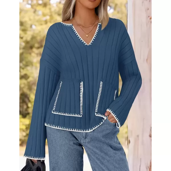 imageZESICA Womens Ribbed V Neck Long Sleeve Sweaters 2024 Fall Loose Color Block Knit Pullover with PocketsDarkblue