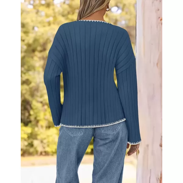 imageZESICA Womens Ribbed V Neck Long Sleeve Sweaters 2024 Fall Loose Color Block Knit Pullover with PocketsDarkblue