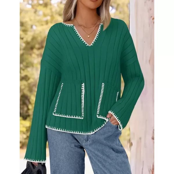 imageZESICA Womens Ribbed V Neck Long Sleeve Sweaters 2024 Fall Loose Color Block Knit Pullover with PocketsGreen