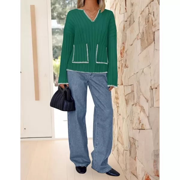 imageZESICA Womens Ribbed V Neck Long Sleeve Sweaters 2024 Fall Loose Color Block Knit Pullover with PocketsGreen