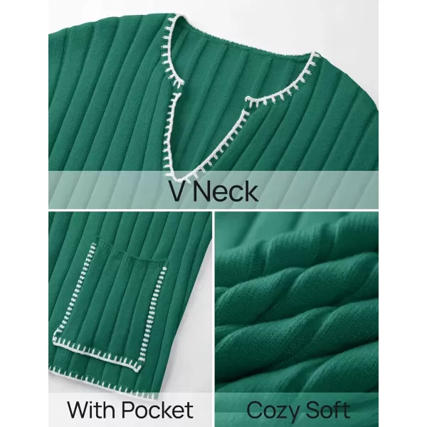 imageZESICA Womens Ribbed V Neck Long Sleeve Sweaters 2024 Fall Loose Color Block Knit Pullover with PocketsGreen