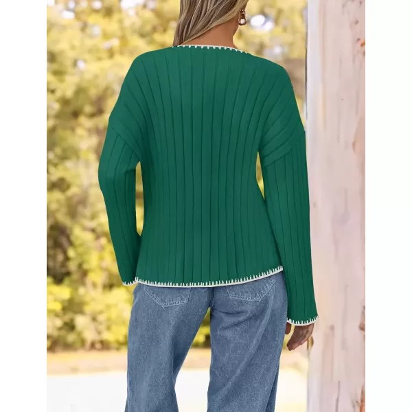 imageZESICA Womens Ribbed V Neck Long Sleeve Sweaters 2024 Fall Loose Color Block Knit Pullover with PocketsGreen