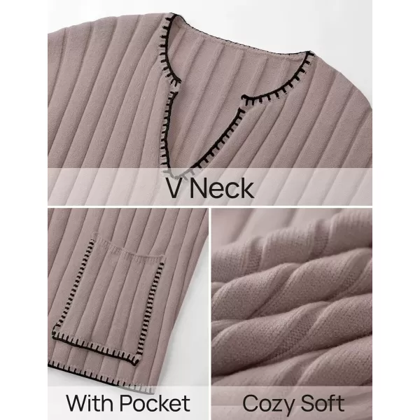 imageZESICA Womens Ribbed V Neck Long Sleeve Sweaters 2024 Fall Loose Color Block Knit Pullover with PocketsKhaki