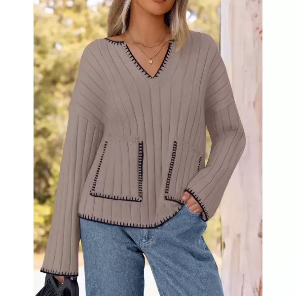 imageZESICA Womens Ribbed V Neck Long Sleeve Sweaters 2024 Fall Loose Color Block Knit Pullover with PocketsKhaki
