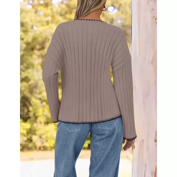 imageZESICA Womens Ribbed V Neck Long Sleeve Sweaters 2024 Fall Loose Color Block Knit Pullover with PocketsKhaki