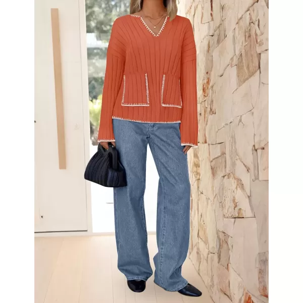 imageZESICA Womens Ribbed V Neck Long Sleeve Sweaters 2024 Fall Loose Color Block Knit Pullover with PocketsOrange