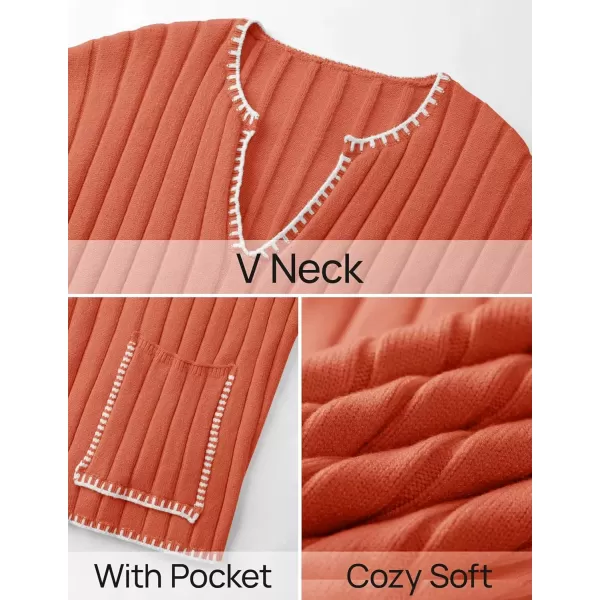 imageZESICA Womens Ribbed V Neck Long Sleeve Sweaters 2024 Fall Loose Color Block Knit Pullover with PocketsOrange