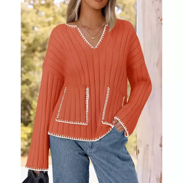 imageZESICA Womens Ribbed V Neck Long Sleeve Sweaters 2024 Fall Loose Color Block Knit Pullover with PocketsOrange