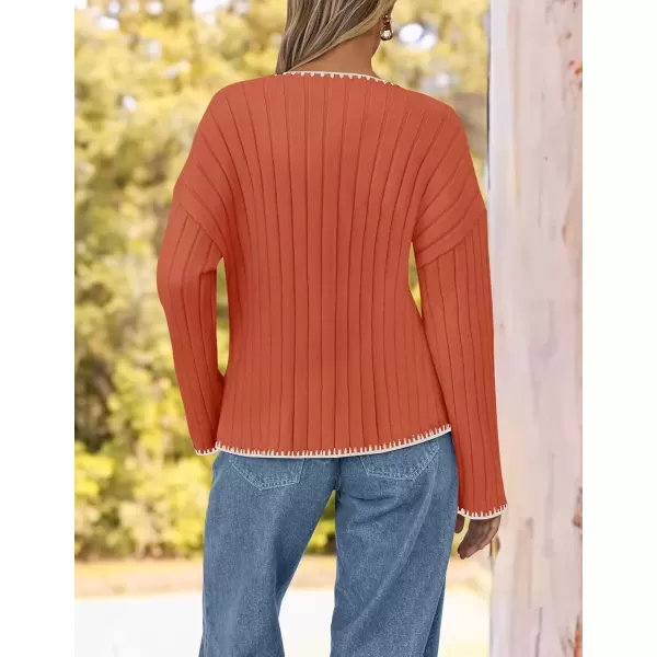 imageZESICA Womens Ribbed V Neck Long Sleeve Sweaters 2024 Fall Loose Color Block Knit Pullover with PocketsOrange