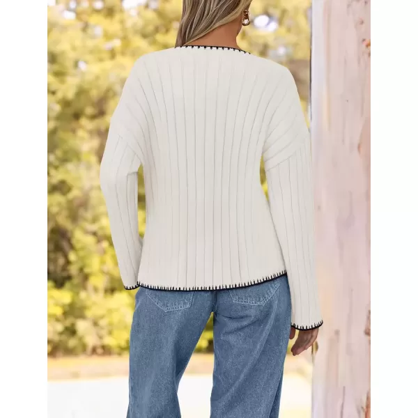 imageZESICA Womens Ribbed V Neck Long Sleeve Sweaters 2024 Fall Loose Color Block Knit Pullover with PocketsWhite